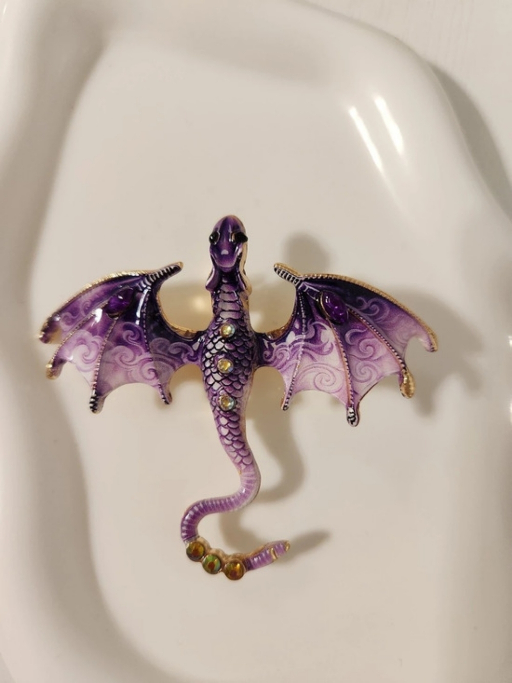 Purple Pink & Gold Enamel Dragon Brooch With Rhinestone Accents